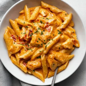 Creamy Boursin chicken pasta served in a bowl with herbs on top.