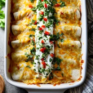 Delicious creamy chicken enchiladas topped with cheese and sour cream.