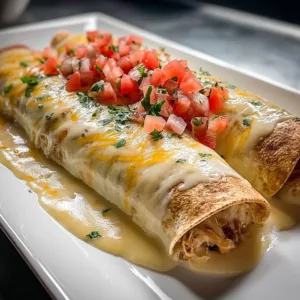 Creamy queso chicken enchiladas topped with melted cheese and garnished.