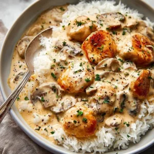 Creamy smothered chicken served over rice in a comforting dish