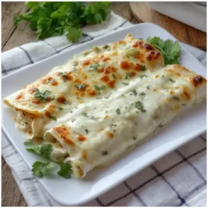 Creamy white chicken enchiladas topped with cheese and green onions on a plate