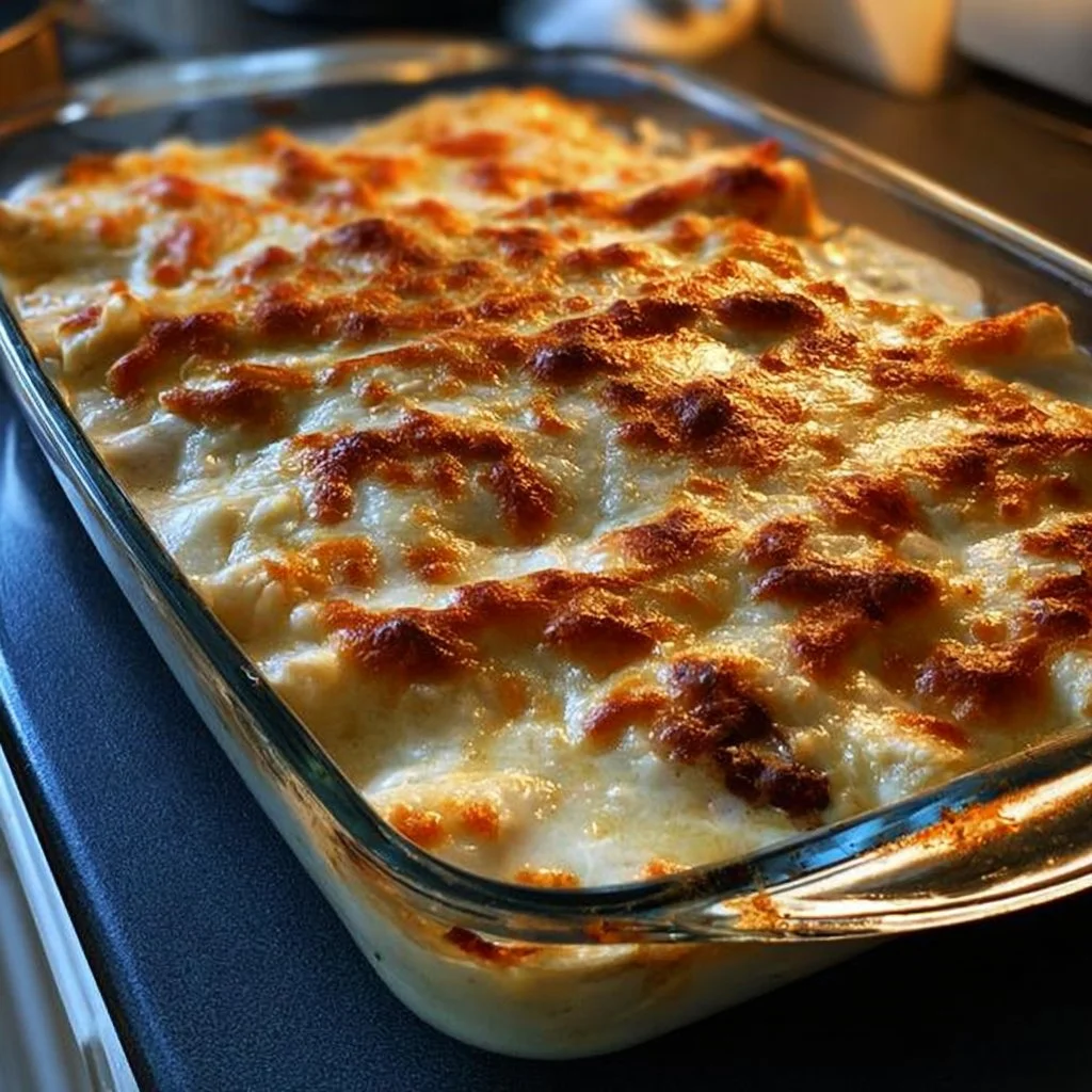 Creamy white chicken enchiladas topped with cheese and garnished with cilantro