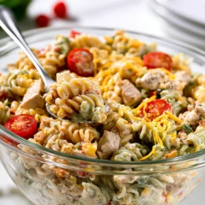 Delicious Chicken Bacon Ranch Pasta Salad with fresh ingredients