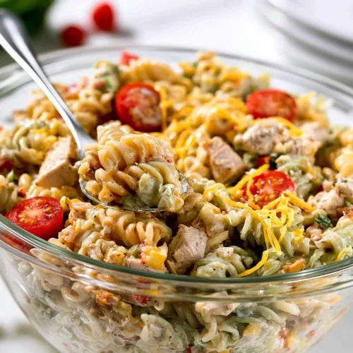Delicious Chicken Bacon Ranch Pasta Salad with fresh ingredients