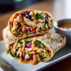 Thai Peanut Chicken Wraps with fresh vegetables and peanut sauce
