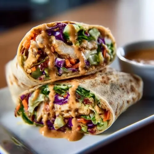 Thai Peanut Chicken Wraps with fresh vegetables and peanut sauce