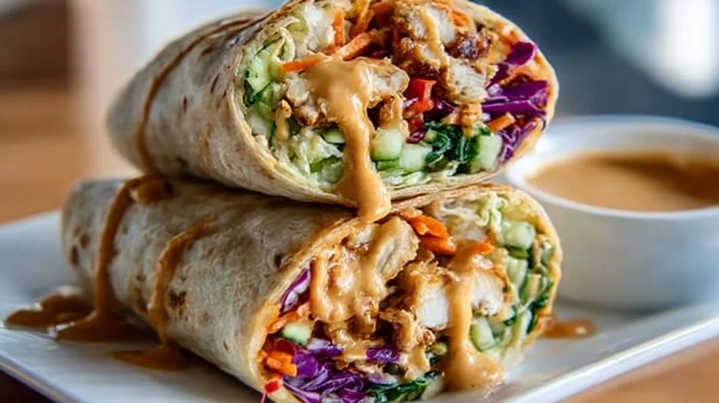 Delicious Thai Peanut Chicken Wraps with Fresh Vegetables and Creamy Peanut Sauce