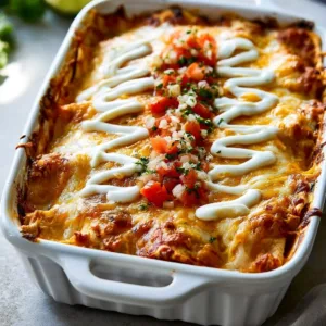 Delicious easy chicken enchiladas topped with cheese and herbs