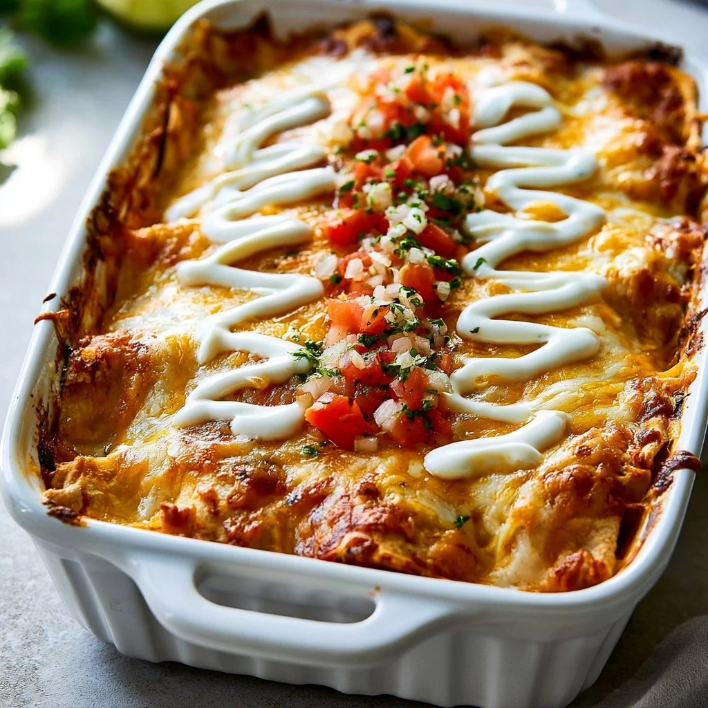 Delicious easy chicken enchiladas topped with cheese and herbs
