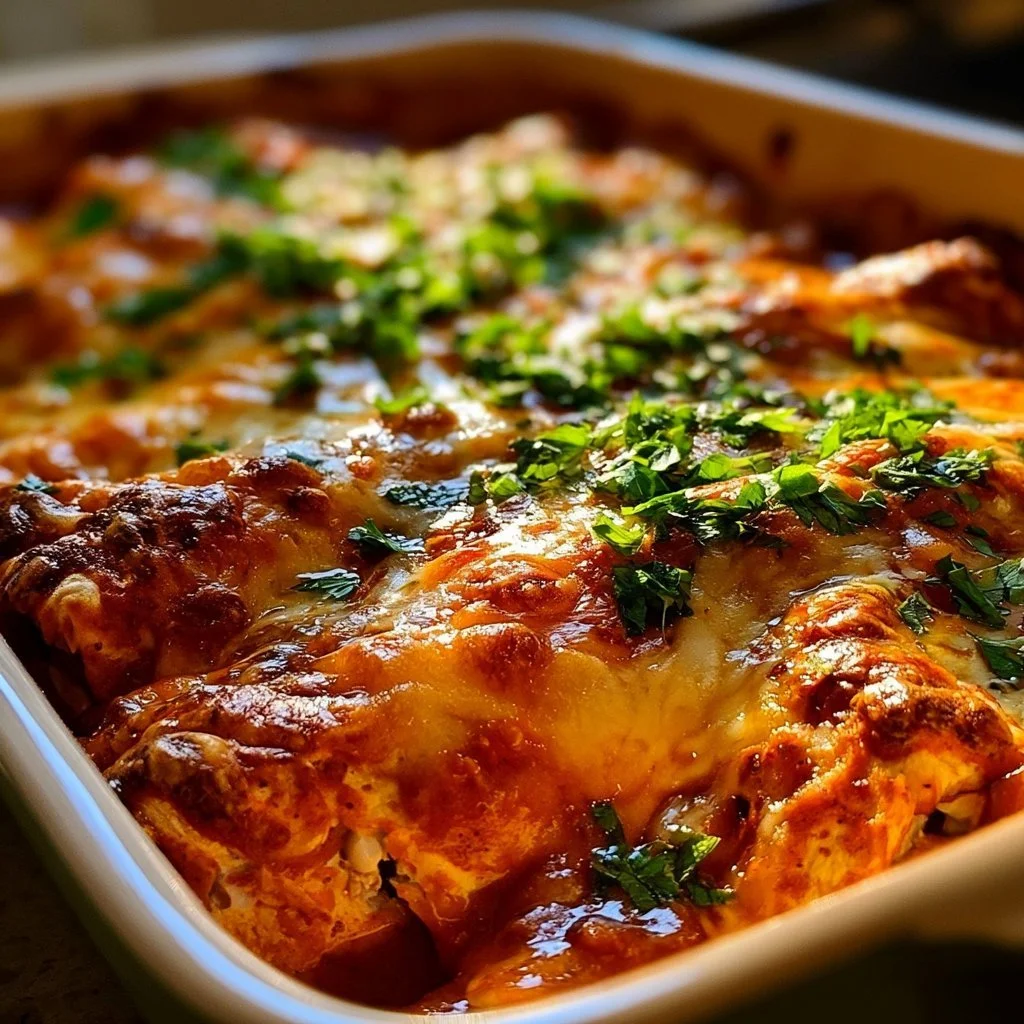 Plate of easy chicken enchiladas topped with cheese and cilantro