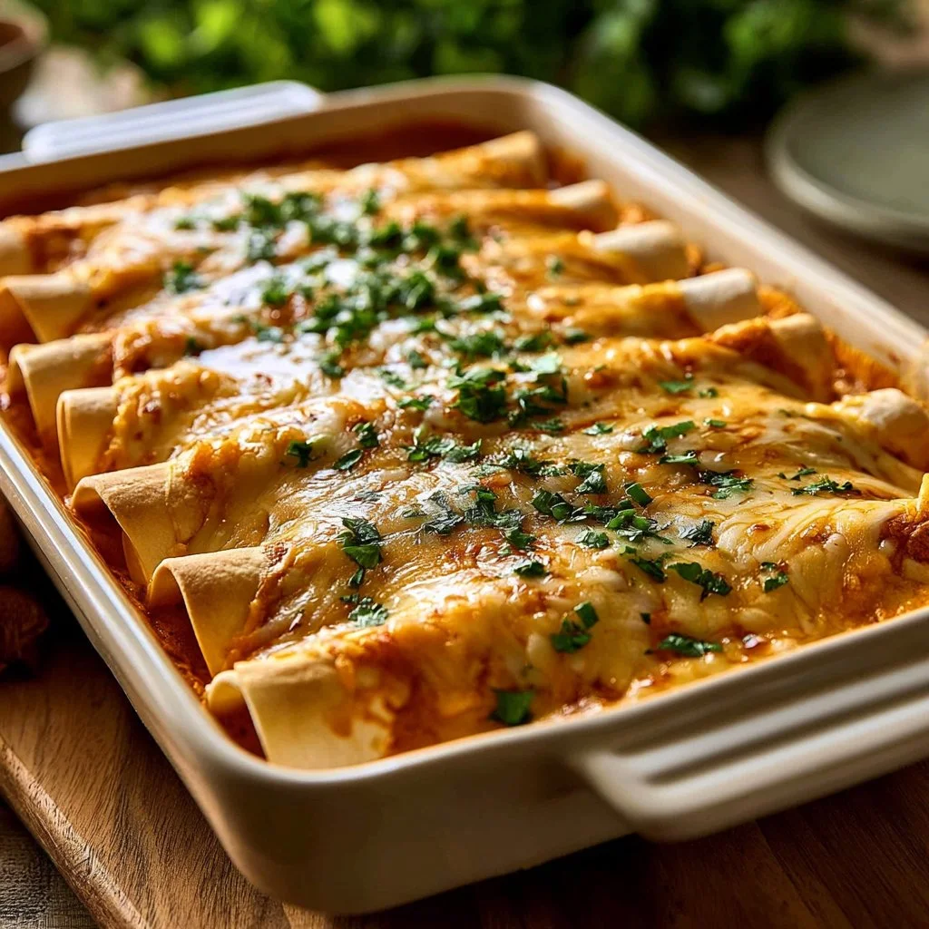 Delicious plate of easy chicken enchiladas topped with cheese and cilantro.