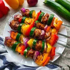 A plate of easy chicken kabobs grilled and garnished with fresh herbs.