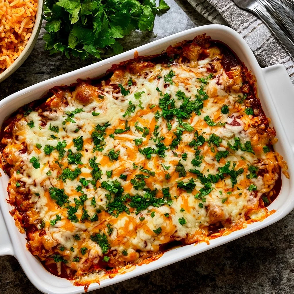 Delicious easy creamy chicken enchiladas topped with cheese and fresh herbs
