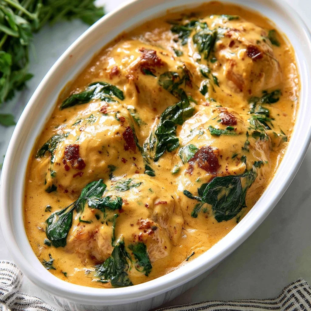 Creamy Tuscan chicken dish prepared in a crockpot, garnished with herbs.