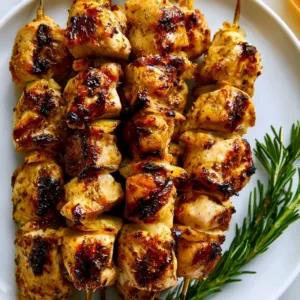 Easy Greek grilled chicken skewers on a platter with vegetables.