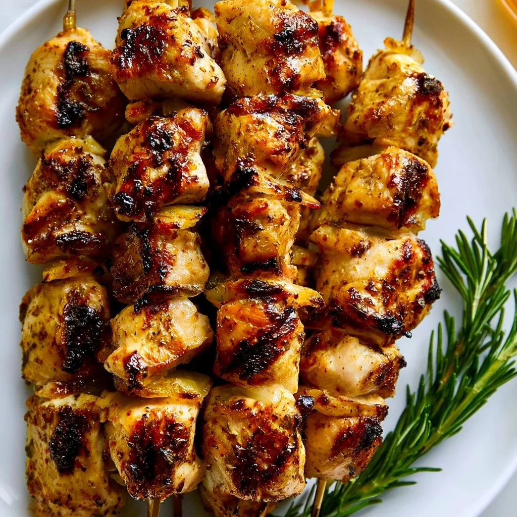 Easy Greek grilled chicken skewers on a platter with vegetables.