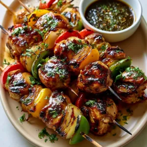Easy grilled chicken kabobs skewered with colorful vegetables