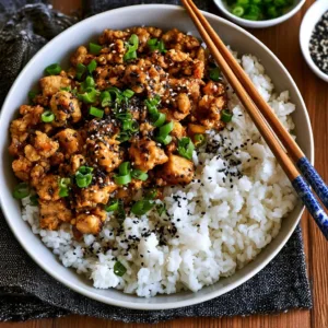 Plate of cooked easy ground chicken recipe garnished with herbs and vegetables