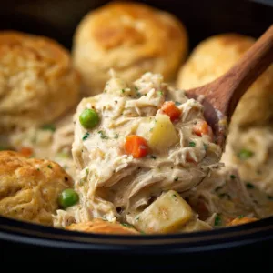 Bowl of easy Slow Cooker Chicken Pot Pie Soup with vegetables and chicken.