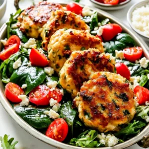 Feta and spinach chicken patties served with a side salad on a wooden table.