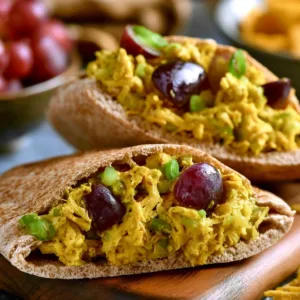 Bowl of flavorful curry chicken salad with fresh ingredients and spices