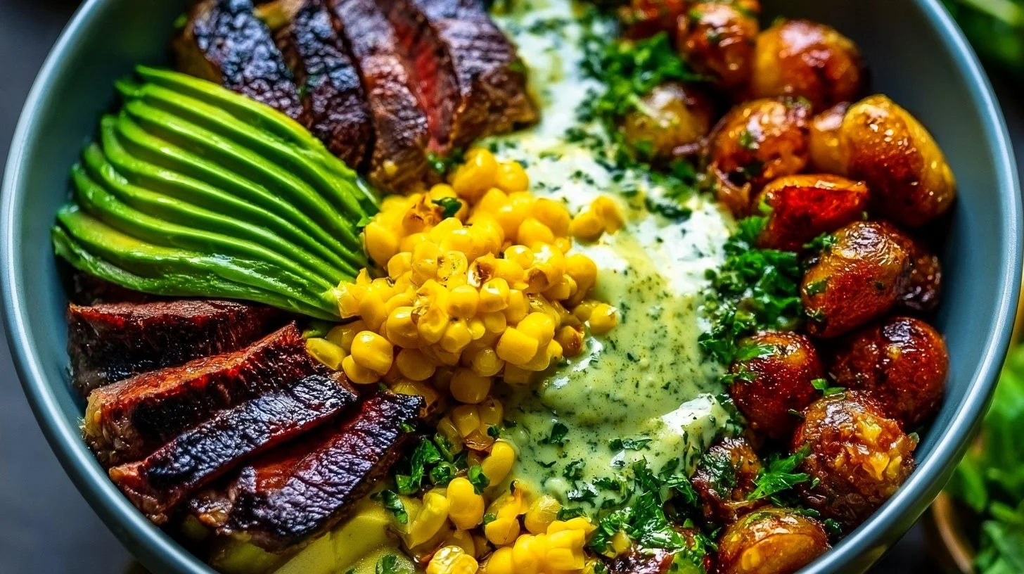 Flavorful Steak and Avocado Bowl with Roasted Corn & Cilantro Cream Sauce