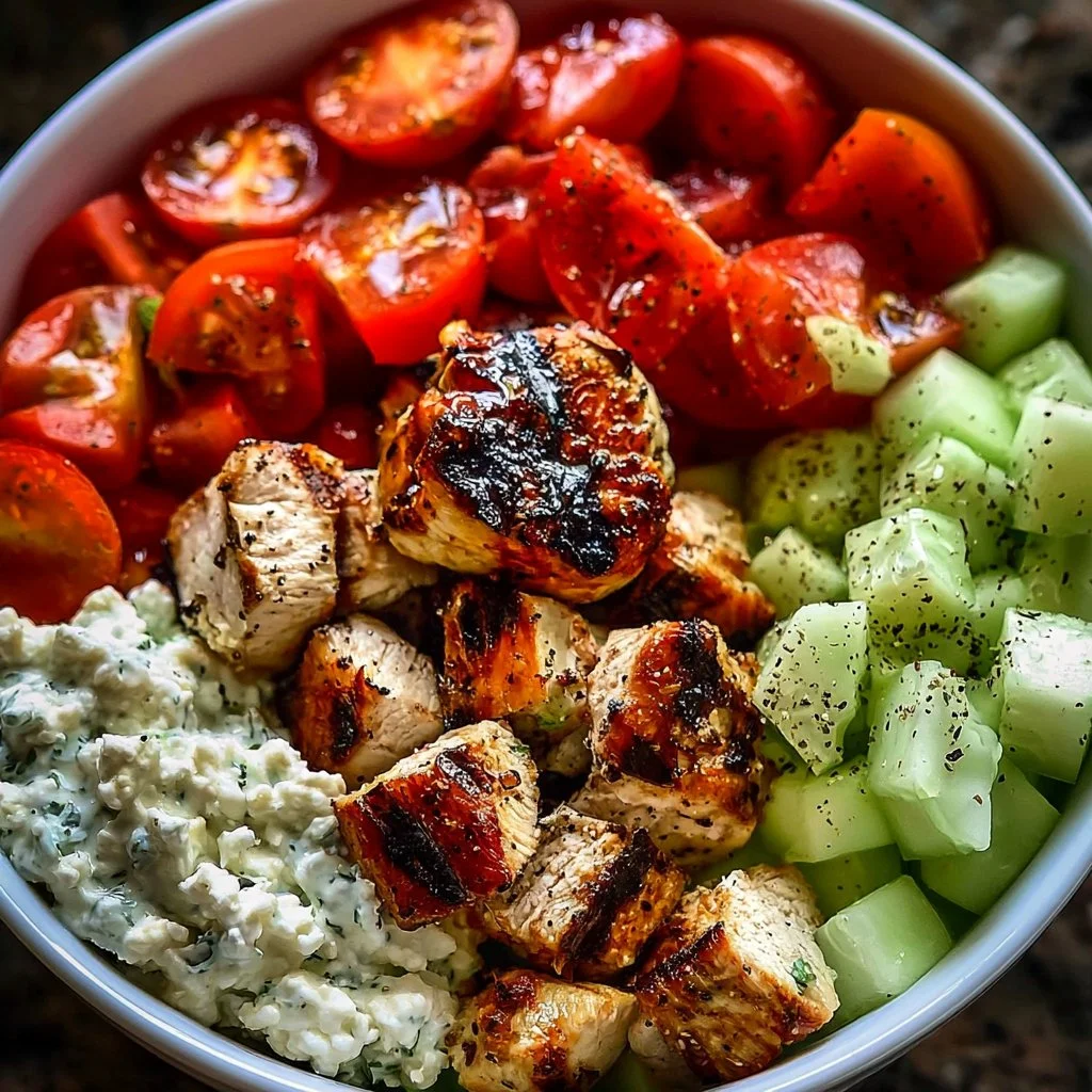 Greek Chicken Bowl with fresh vegetables and herbs