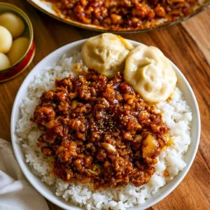 Delicious ground General Tsos chicken served with vegetables and rice