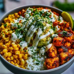 Delicious and healthy chicken rice bowl with fresh vegetables and seasonings