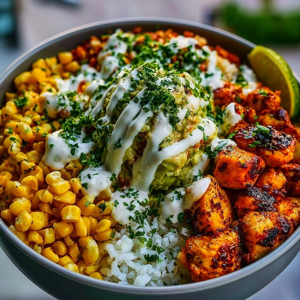 Delicious and healthy chicken rice bowl with fresh vegetables and seasonings