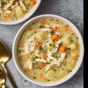Bowl of Healthy High Protein Chicken Pot Pie Soup topped with herbs