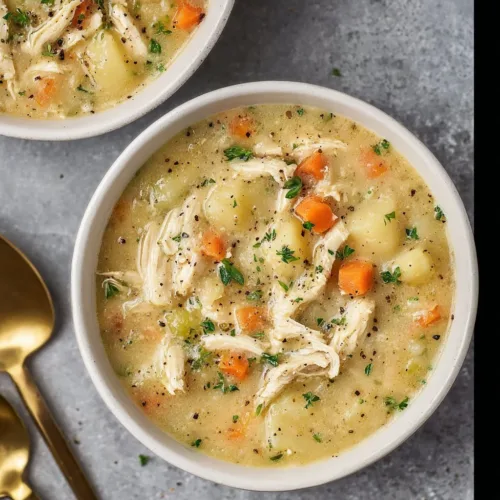 Bowl of Healthy High Protein Chicken Pot Pie Soup topped with herbs