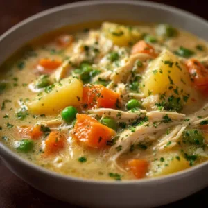 Bowl of high protein chicken pot pie soup with vegetables
