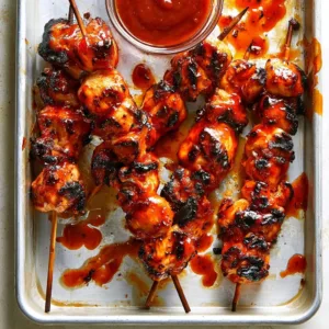 Honey BBQ chicken kabobs on a grill with vibrant vegetables