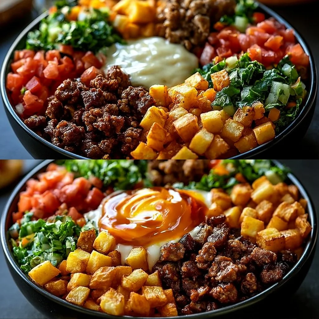 Hot honey ground beef bowls with fresh vegetables and rice