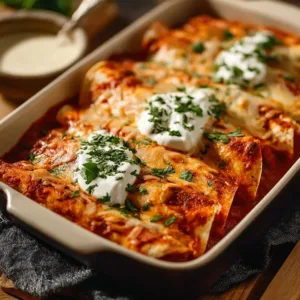 Delicious chicken enchiladas topped with cheese and served with salsa.