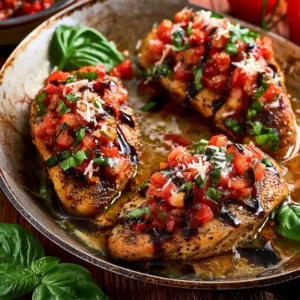 A delicious plate of Italian bruschetta chicken topped with fresh tomatoes and basil.