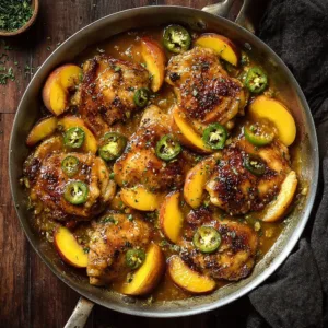 Delicious jalapeno peach chicken dish garnished with fresh herbs