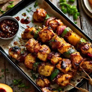 Jalapeño Peach Chicken Skewers ready for grilling