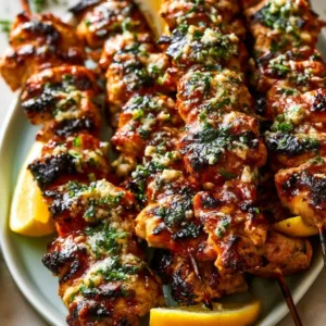 Lemon Parm Chicken Skewers ready to serve with fresh herbs and lemon slices.