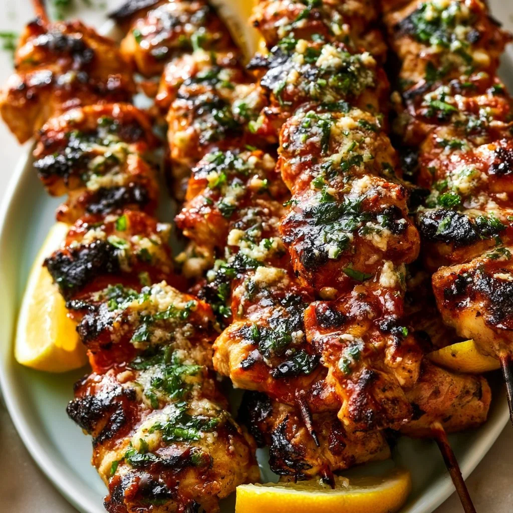 Lemon Parm Chicken Skewers ready to serve with fresh herbs and lemon slices.