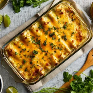 Low calorie green chicken enchiladas topped with green sauce and cheese
