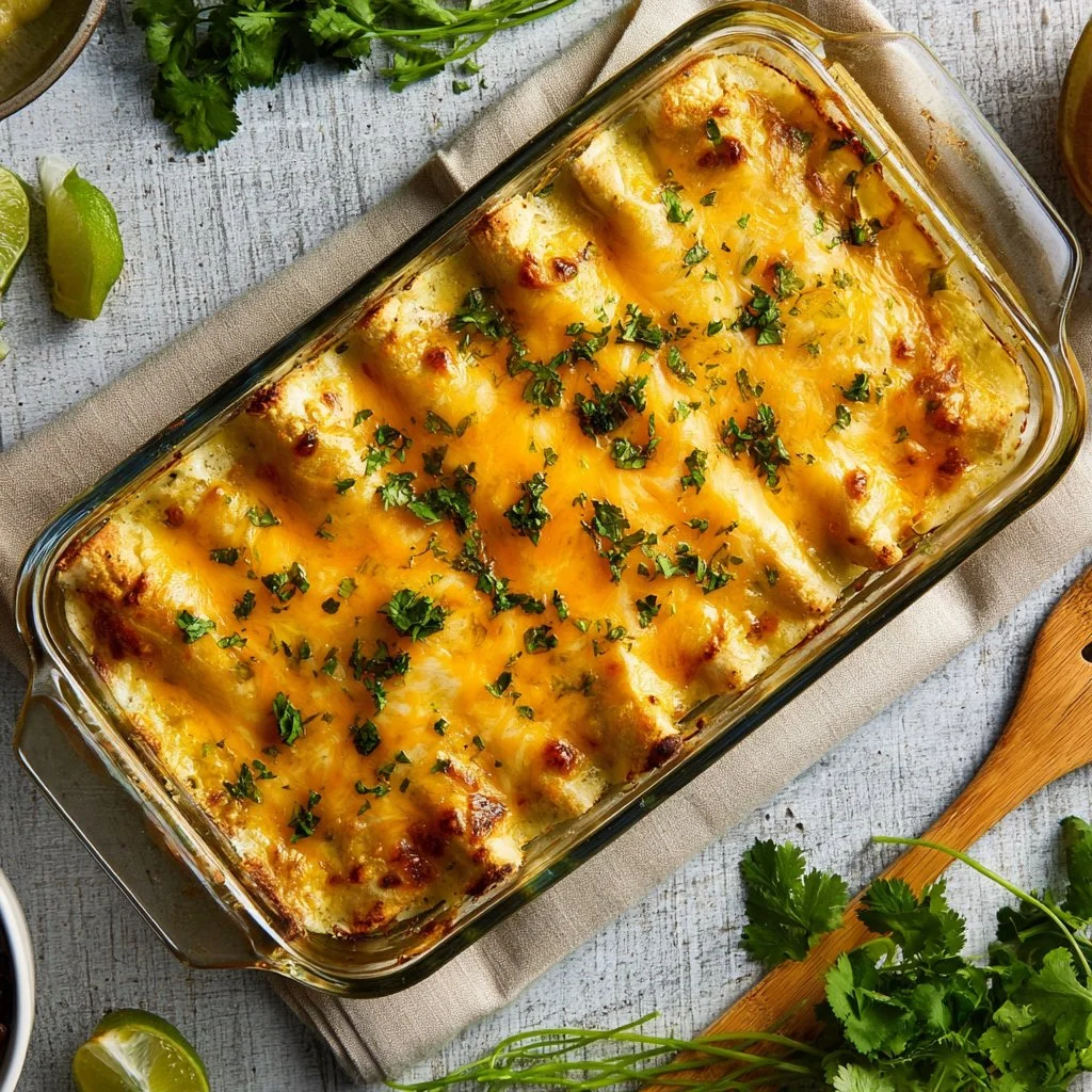 Low calorie green chicken enchiladas topped with green sauce and cheese