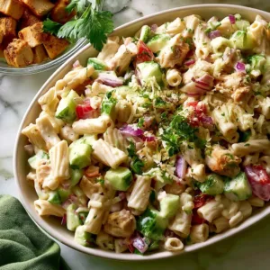 Balsamic chicken pasta salad with colorful vegetables and herbs