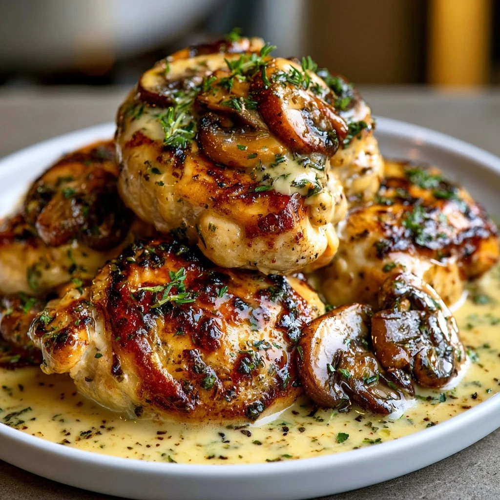 Plate of creamy mushroom Asiago chicken garnished with herbs