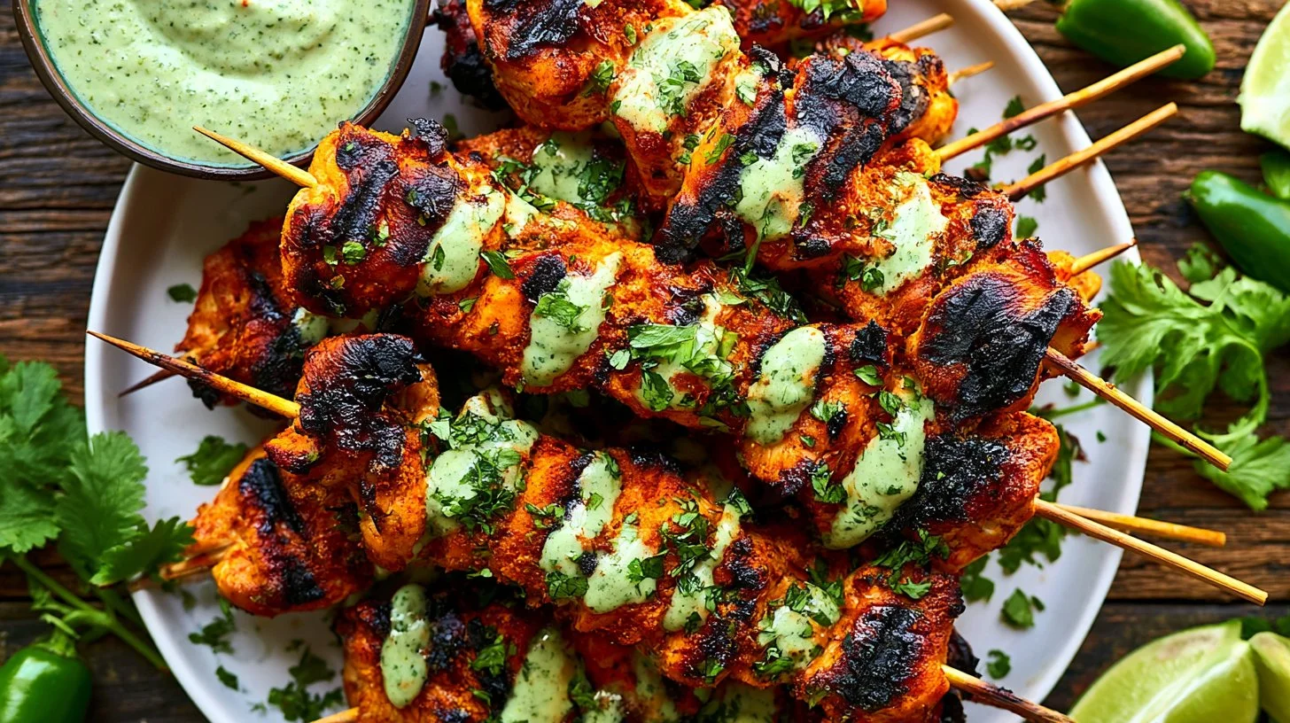 Peruvian grilled chicken skewers on a wooden platter with herbs and spices.