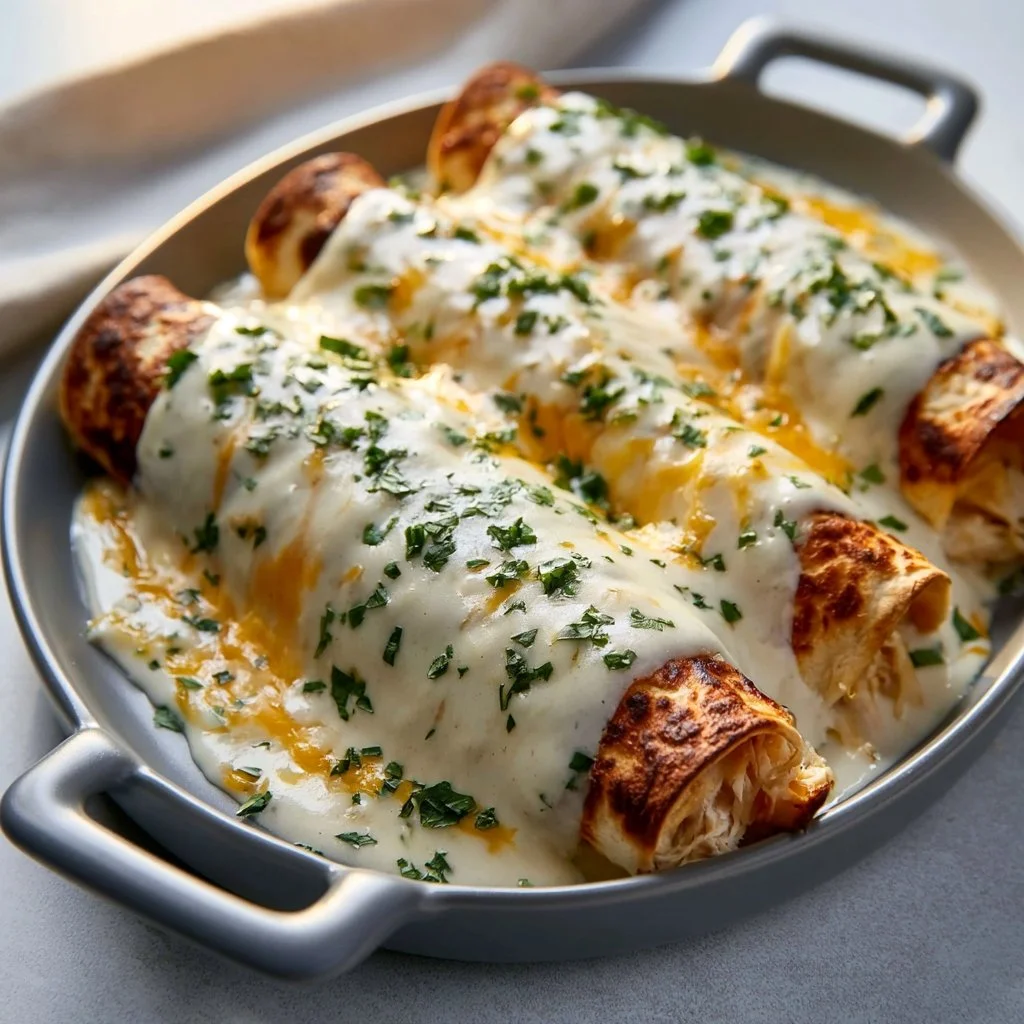 Delicious rotisserie chicken sour cream enchiladas topped with cheese and sauce.