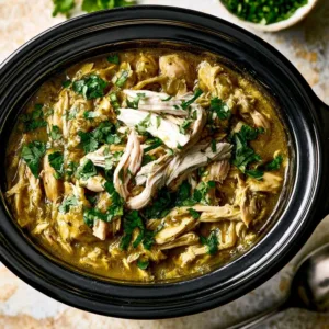 Salsa Verde Chicken cooking in a crockpot with vibrant green salsa