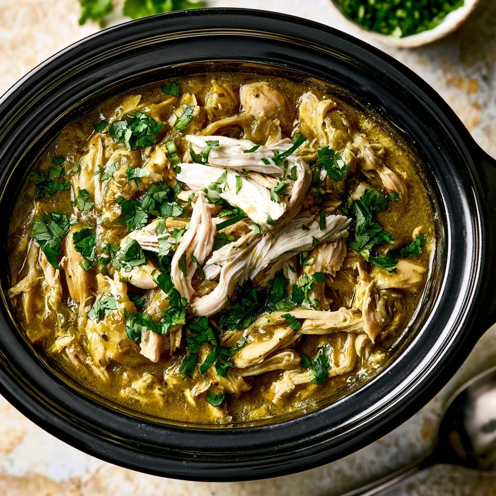 Salsa Verde Chicken cooking in a crockpot with vibrant green salsa