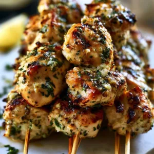 Delicious Garlic Parmesan Chicken skewers ready for grilling and serving.